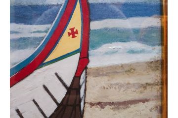 真作　岩壁冨士夫　「エスタレイジャーの海と船」　日本画(舟、共シール、絵画、額装)(R-075966)