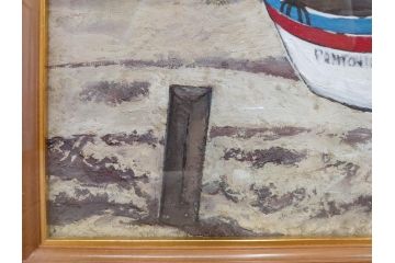 真作　岩壁冨士夫　「エスタレイジャーの海と船」　日本画(舟、共シール、絵画、額装)(R-075966)