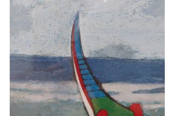 真作　岩壁冨士夫　「エスタレイジャーの海と船」　日本画(舟、共シール、絵画、額装)(R-075966)