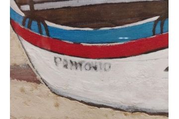 真作　岩壁冨士夫　「エスタレイジャーの海と船」　日本画(舟、共シール、絵画、額装)(R-075966)