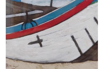 真作　岩壁冨士夫　「エスタレイジャーの海と船」　日本画(舟、共シール、絵画、額装)(R-075966)