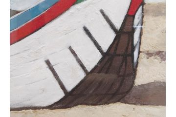 真作　岩壁冨士夫　「エスタレイジャーの海と船」　日本画(舟、共シール、絵画、額装)(R-075966)