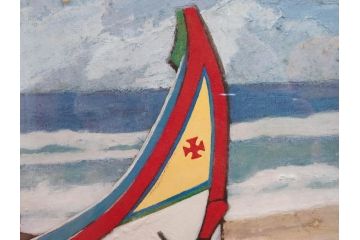 真作　岩壁冨士夫　「エスタレイジャーの海と船」　日本画(舟、共シール、絵画、額装)(R-075966)
