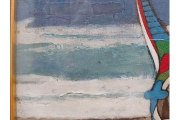 真作　岩壁冨士夫　「エスタレイジャーの海と船」　日本画(舟、共シール、絵画、額装)(R-075966)