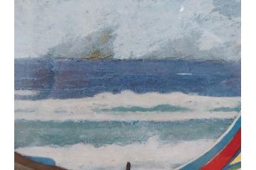 真作　岩壁冨士夫　「エスタレイジャーの海と船」　日本画(舟、共シール、絵画、額装)(R-075966)