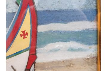 真作　岩壁冨士夫　「エスタレイジャーの海と船」　日本画(舟、共シール、絵画、額装)(R-075966)