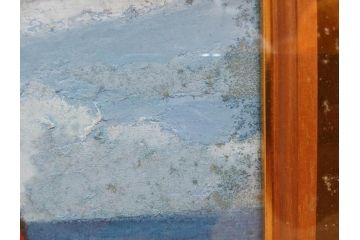真作　岩壁冨士夫　「エスタレイジャーの海と船」　日本画(舟、共シール、絵画、額装)(R-075966)