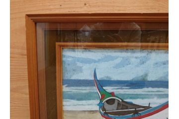 真作　岩壁冨士夫　「エスタレイジャーの海と船」　日本画(舟、共シール、絵画、額装)(R-075966)