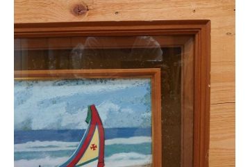 真作　岩壁冨士夫　「エスタレイジャーの海と船」　日本画(舟、共シール、絵画、額装)(R-075966)
