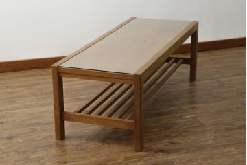 和製ビンテージ　チーク材　シンプルなデザインで取り入れやすいガラストップローテーブル(座卓、センターテーブル、リビングテーブル、ヴィンテージ)(R-075968)