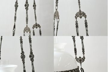アンティーク照明　ヨーロッパ　高級品!!　陶器製の油タンクと豪華な真鍮製の吊り金具が魅力的なオイルランプ(天井照明、吊り下げランプ、ランタン、ハンギングランプ)(R-075983)