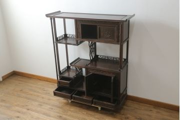 和製ビンテージ　民芸家具　縞黒檀(シマコクタン)無垢材　上品な色味と艶が魅力的な飾り棚(茶棚、違い棚、収納棚、戸棚、ヴィンテージ)(R-076019)