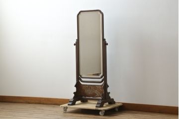 和製アンティーク　高級品!!　総桑材　上質な和の空間づくりにおすすめの彫刻入り姿見(スタンドミラー、鏡)(R-076026)