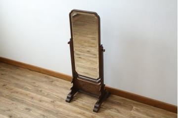 和製アンティーク　高級品!!　総桑材　上質な和の空間づくりにおすすめの彫刻入り姿見　(R-076026)