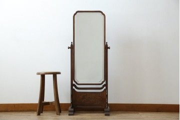 和製アンティーク　高級品!!　総桑材　上質な和の空間づくりにおすすめの彫刻入り姿見　(R-076026)