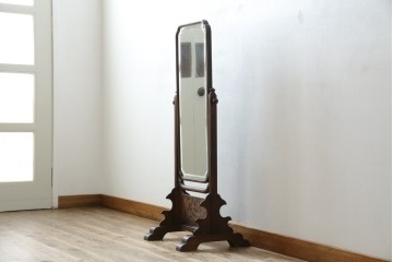 和製アンティーク　高級品!!　総桑材　上質な和の空間づくりにおすすめの彫刻入り姿見　(R-076026)