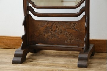 和製アンティーク　高級品!!　総桑材　上質な和の空間づくりにおすすめの彫刻入り姿見　(R-076026)