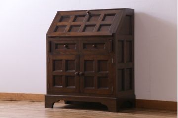 中古　松本民芸家具　希少モデル　格子模様が特徴的なK型ライティングビューロー(ワークデスク、簿記机、収納棚、戸棚、在宅用、在宅ワーク用)(R-076034)