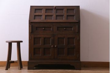 中古　松本民芸家具　希少モデル　格子模様が特徴的なK型ライティングビューロー(ワークデスク、簿記机、収納棚、戸棚、在宅用、在宅ワーク用)(R-076034)