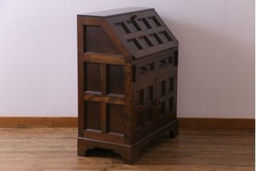 中古　松本民芸家具　希少モデル　格子模様が特徴的なK型ライティングビューロー(ワークデスク、簿記机、収納棚、戸棚、在宅用、在宅ワーク用)(R-076034)