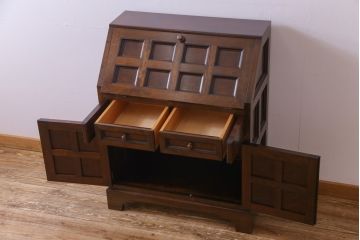 中古　松本民芸家具　希少モデル　格子模様が特徴的なK型ライティングビューロー(ワークデスク、簿記机、収納棚、戸棚、在宅用、在宅ワーク用)(R-076034)