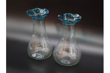 戦前　大正〜昭和初期　昭和レトロ　青フリル　澄んだブルーカラーが素敵なガラス花瓶2個セット(一輪挿し、花入、花器、硝子)(R-076041)