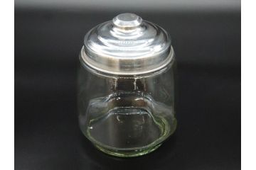 昭和レトロ　当時物　大正〜昭和初期　アルミ蓋　昔懐かしい雰囲気漂うガラス瓶3個セット(キャニスター、ガラスビン、硝子、菓子瓶、フタ付き)(R-076042)