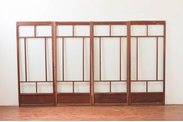アンティーク建具　大正ロマン　古い木味が趣あふれるガラス戸4枚セット(引き戸)(R-076046)