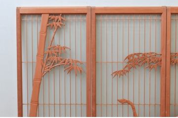 アンティーク建具　躍動感あふれる虎の彫刻が目を惹く書院戸4枚セット(窓、引き戸、ガラス戸)(R-076067)