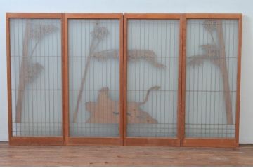 アンティーク建具　躍動感あふれる虎の彫刻が目を惹く書院戸4枚セット(窓、引き戸、ガラス戸)(R-076067)