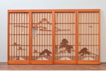 アンティーク建具　富士山・松・鶴　縁起物の彫刻が魅力の障子付き書院戸4枚セット(窓、引き戸、障子戸)(R-076068)