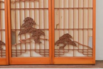 アンティーク建具　富士山・松・鶴　縁起物の彫刻が魅力の障子付き書院戸4枚セット(窓、引き戸、障子戸)(R-076068)