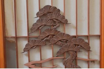 アンティーク建具　富士山・松・鶴　縁起物の彫刻が魅力の障子付き書院戸4枚セット(窓、引き戸、障子戸)(R-076068)