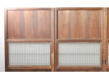 アンティーク建具　心和ませる古い木味が魅力的な組子入りガラス帯戸4枚セット(引き戸、板戸)(R-076085)
