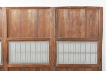 アンティーク建具　心和ませる古い木味が魅力的な組子入りガラス帯戸4枚セット(引き戸、板戸)(R-076085)