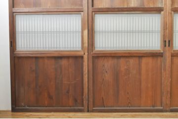 アンティーク建具　心和ませる古い木味が魅力的な組子入りガラス帯戸4枚セット(引き戸、板戸)(R-076085)