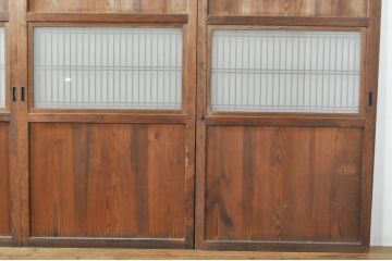 アンティーク建具　心和ませる古い木味が魅力的な組子入りガラス帯戸4枚セット(引き戸、板戸)(R-076085)