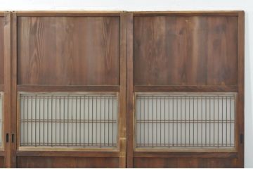 アンティーク建具　心和ませる古い木味が魅力的な組子入りガラス帯戸4枚セット(引き戸、板戸)(R-076085)