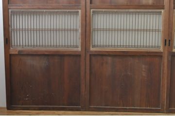 アンティーク建具　心和ませる古い木味が魅力的な組子入りガラス帯戸4枚セット(引き戸、板戸)(R-076085)