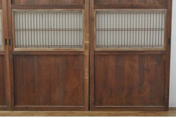 アンティーク建具　心和ませる古い木味が魅力的な組子入りガラス帯戸4枚セット(引き戸、板戸)(R-076085)