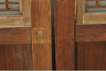 アンティーク建具　心和ませる古い木味が魅力的な組子入りガラス帯戸4枚セット(引き戸、板戸)(R-076085)