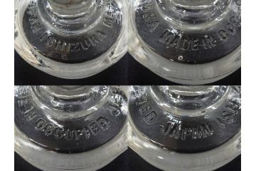 アンティーク雑貨　昭和レトロ　お洒落なインテリアとしても活躍してくれる蓋付きガラス瓶3個セット(キャニスター、硝子、ガラスビン、菓子瓶、フタ付き、MADE IN OCCUPIED JAPAN(占領下の日本製)、オキュパイド ジャパン)(R-076197)