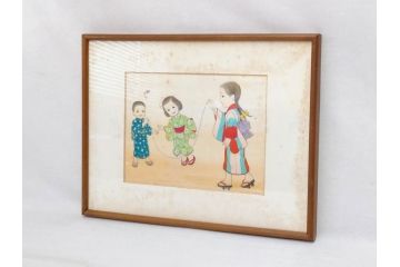 真作　蔦谷喜一　「縄とび」　1983年制作　サイン入り　絵画(人物画、ぬりえ、塗り絵、縄跳び、子供、子ども、額装)(R-076210)