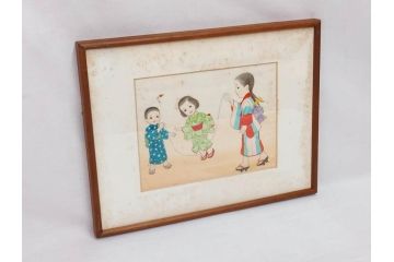 真作　蔦谷喜一　「縄とび」　1983年制作　サイン入り　絵画(人物画、ぬりえ、塗り絵、縄跳び、子供、子ども、額装)(R-076210)