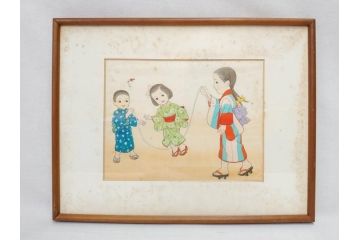真作　蔦谷喜一　「縄とび」　1983年制作　サイン入り　絵画(人物画、ぬりえ、塗り絵、縄跳び、子供、子ども、額装)(R-076210)