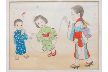 真作　蔦谷喜一　「縄とび」　1983年制作　サイン入り　絵画(人物画、ぬりえ、塗り絵、縄跳び、子供、子ども、額装)(R-076210)