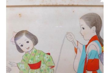 真作　蔦谷喜一　「縄とび」　1983年制作　サイン入り　絵画(人物画、ぬりえ、塗り絵、縄跳び、子供、子ども、額装)(R-076210)