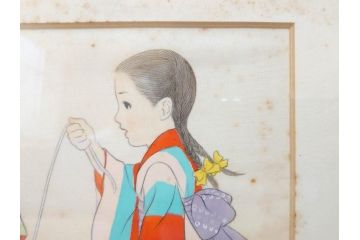 真作　蔦谷喜一　「縄とび」　1983年制作　サイン入り　絵画(人物画、ぬりえ、塗り絵、縄跳び、子供、子ども、額装)(R-076210)