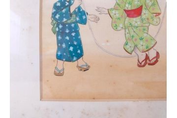 真作　蔦谷喜一　「縄とび」　1983年制作　サイン入り　絵画(人物画、ぬりえ、塗り絵、縄跳び、子供、子ども、額装)(R-076210)