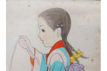 真作　蔦谷喜一　「縄とび」　1983年制作　サイン入り　絵画(人物画、ぬりえ、塗り絵、縄跳び、子供、子ども、額装)(R-076210)